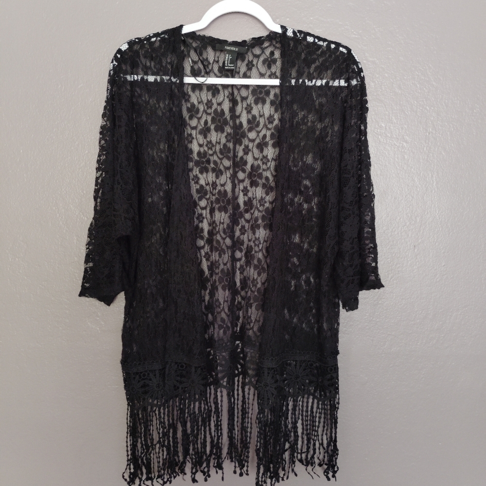 Forever 21 Black Fringe Crochet Lace Kimono Open Front Cover Up Boho